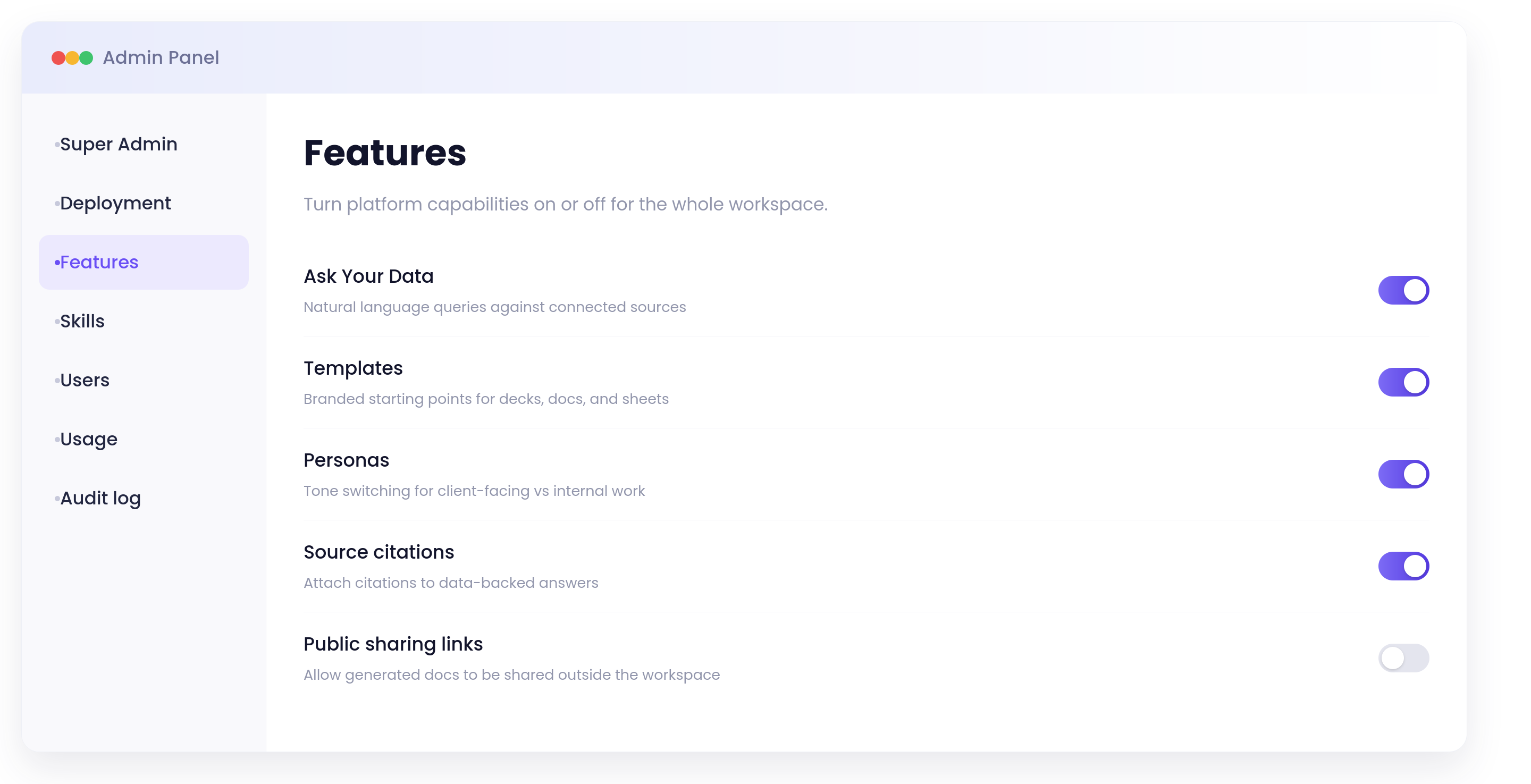 Features tab dashboard preview