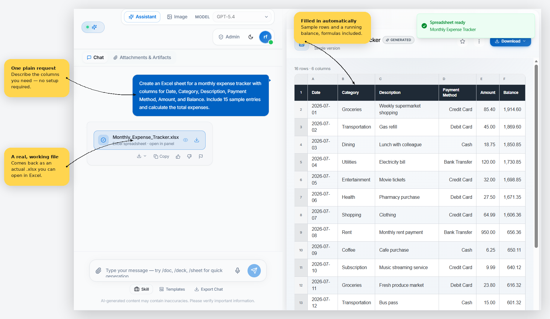 Bayaan spreadsheet generation interface