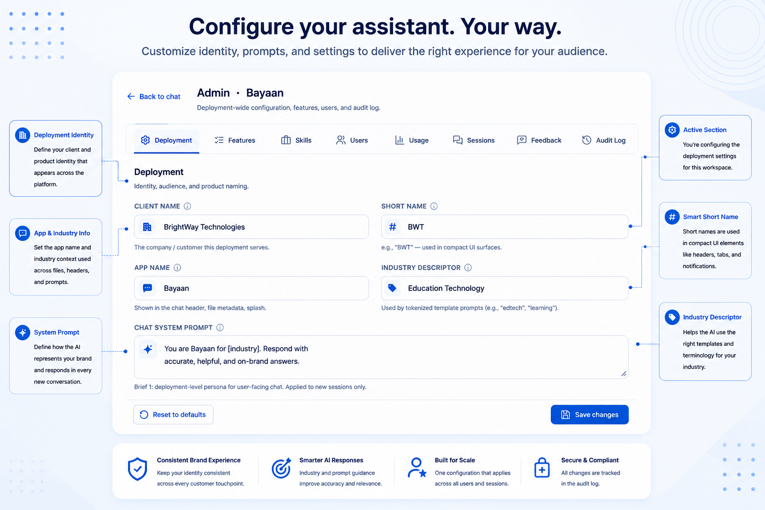 Bayaan deployment and branding controls