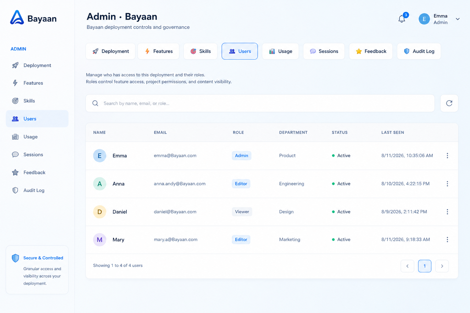Bayaan user management table