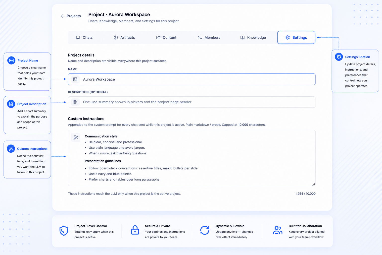 Bayaan Projects Scope settings workspace